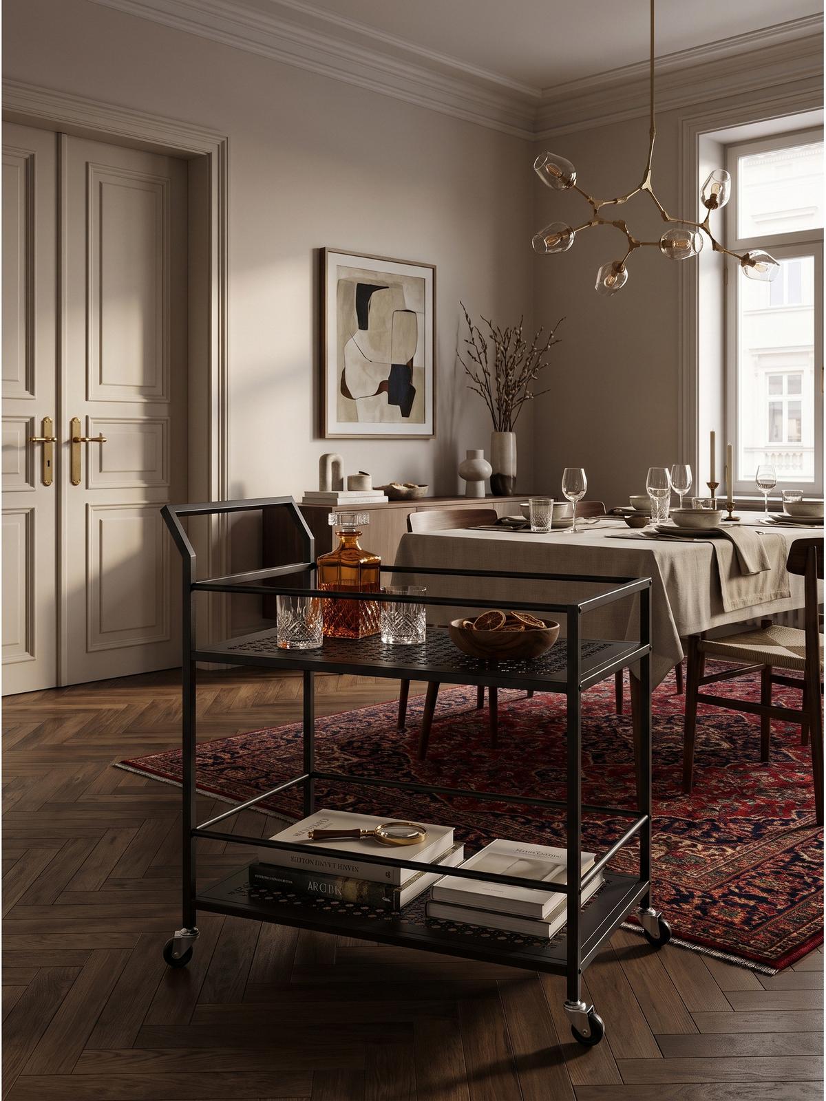 SERVIERWAGEN ALCUDIA, Eisen, mit Ablagen, mit Gitterstruktur, Schwarz, 79 x 45 x 83 cm - Schwarz, Metall (79/83/45cm) - KADIMA DESIGN