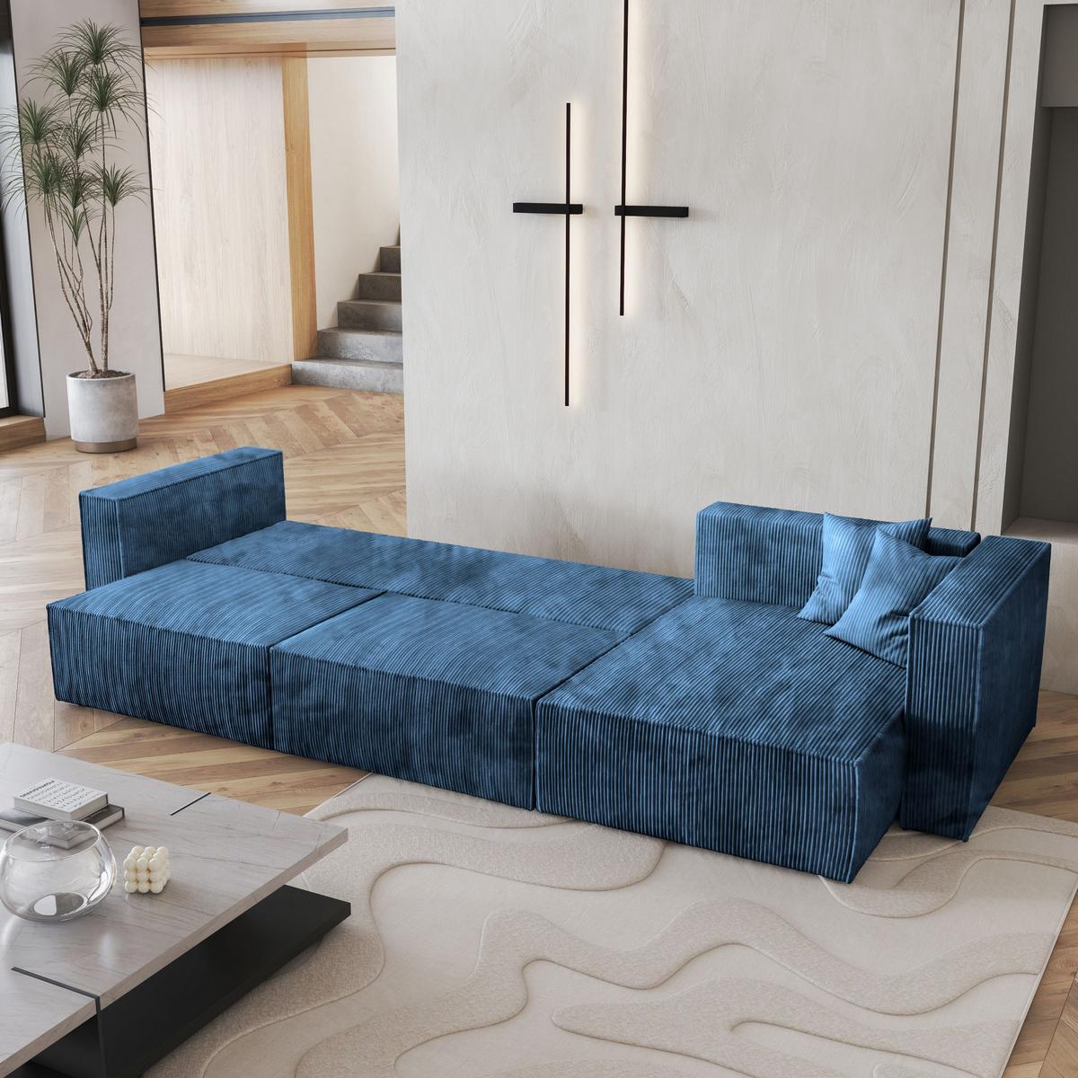 ECKSOFA TOLMO P Blau Kordstoff mit Schlaffunktion - Blau/Grau, Holz/Kunststoff (347/148cm) - MASSENO