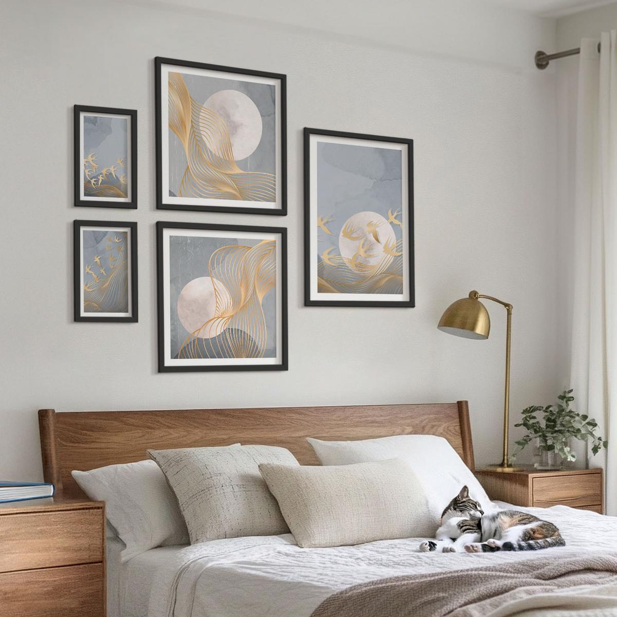 BILDER SET 5er Set - 50x50 cm & 20x30 cm & 40x60 cm Schwarzer Rahmen - Weiße Pferde - Schwarz, Kunststoff (40/60cm) - TULUP
