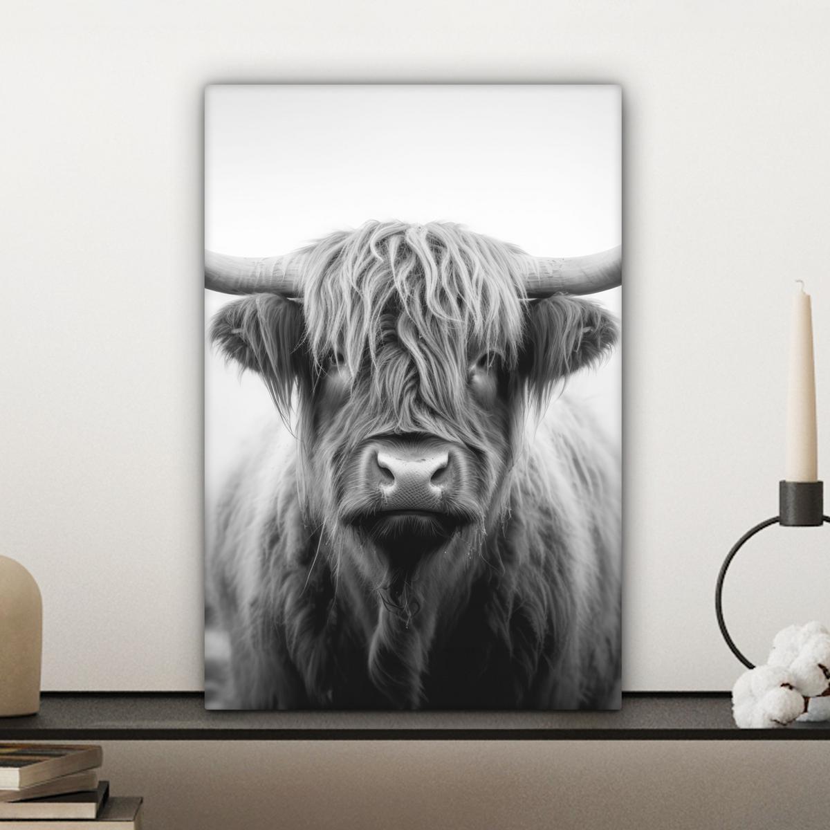 LEINWANDBILD Schottischer Highlander - Nebel - Schwarz - Weiß Deko Wohnzimmer 20x30 cm - Grau, Textil (20/30cm) - MuchoWow