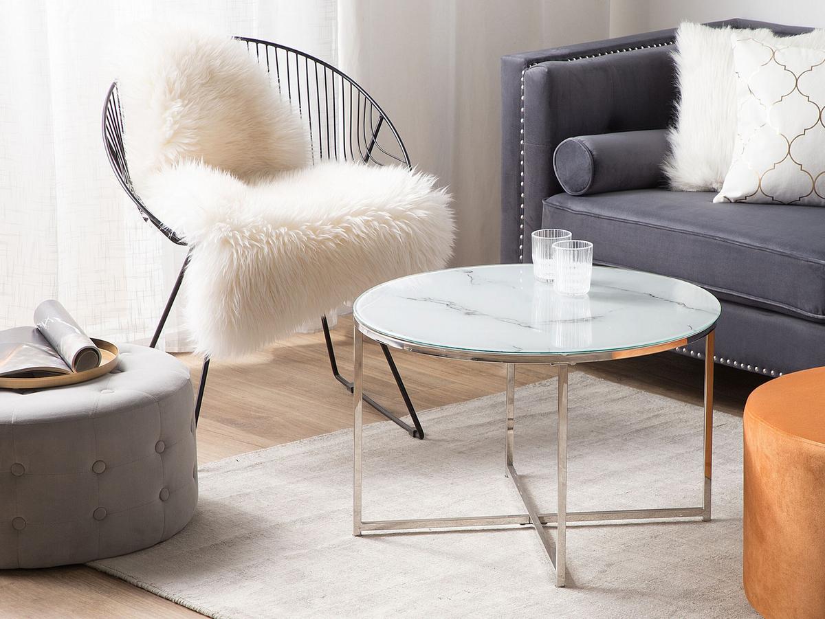 COUCHTISCH Marmor Optik weiß/silber 70cm Quincy - Silberfarben/Weiß, Glas (70/70/45cm) - Beliani