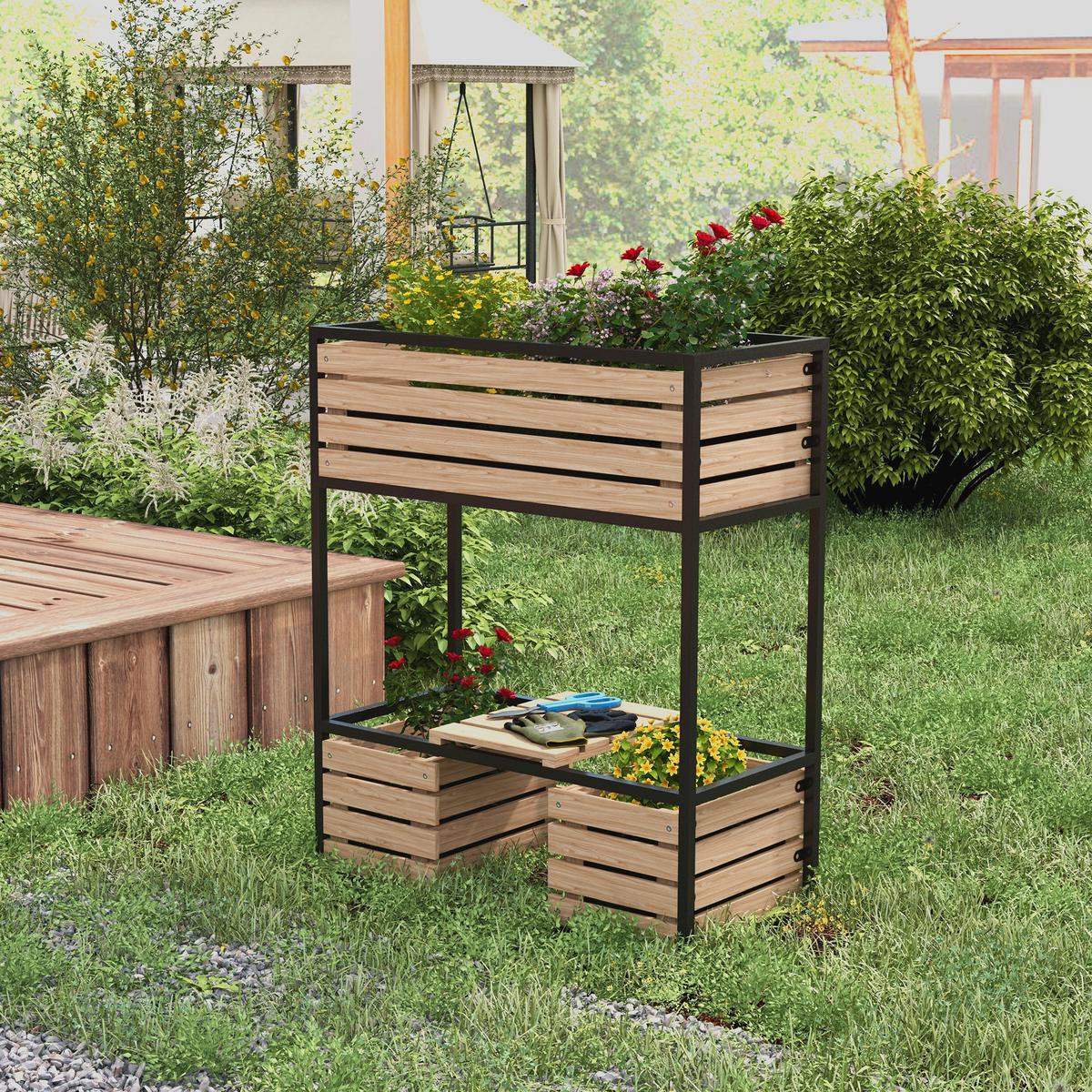 HOCHBEET aus Holz, 2-Stufiger Blumenkasten mit Ablage, für Garten, Balkon, Hellbraun - Braun, Metall (39/100/83cm) - Outsunny