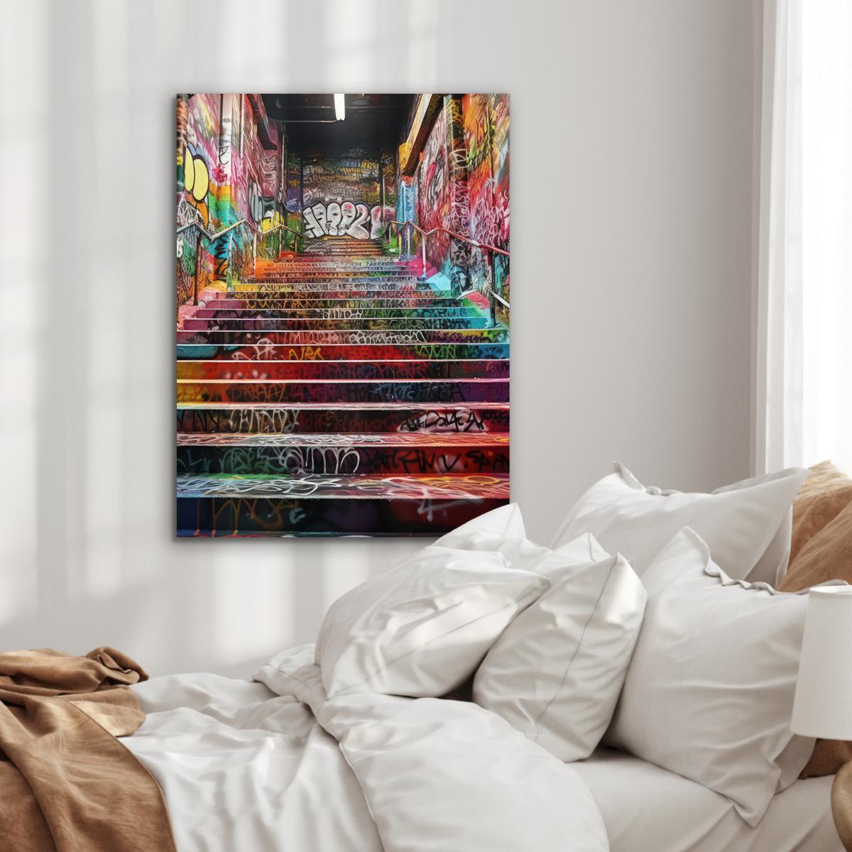 METALLBILD Treppe - Graffiti - Farben - Kunst 60x80 cm - Multicolor, Metall (60/80cm) - MuchoWow