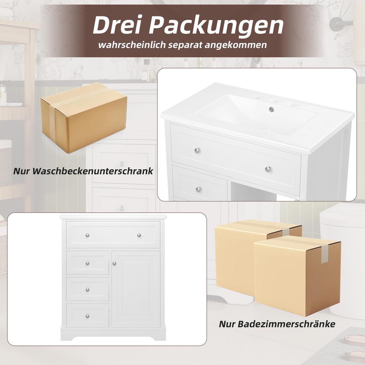 WASCHTISCH mit Unterschrank Weiß 76cm Standschrank mit Keramikbecken & 4 Schubladen - Weiß, Holzwerkstoff (76/87/46cm) - Urban Meuble