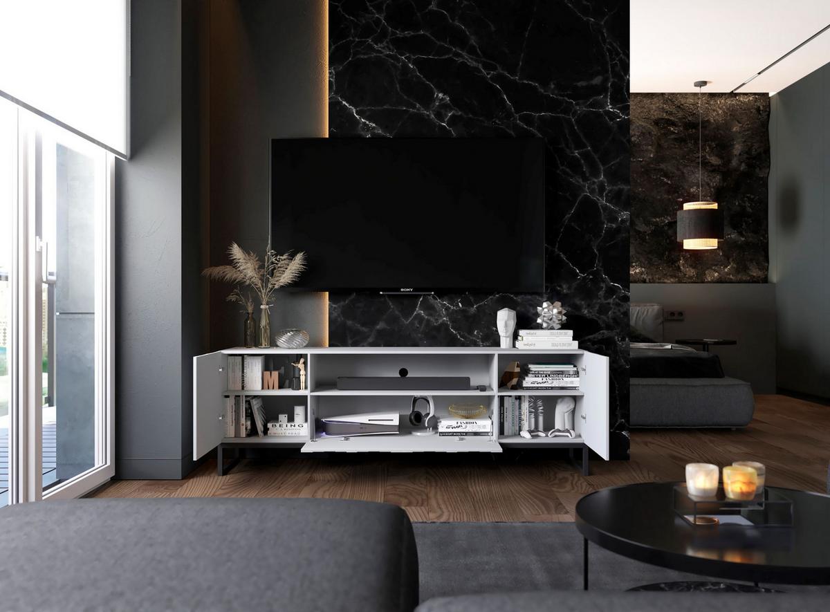 TV-SCHRANK Elpis2 Weiß Matt mit Metallrahmen Glamour 150 cm - Schwarz/Weiß, Holzwerkstoff/Metall (150/51.5/36.5cm) - Meble Lindner
