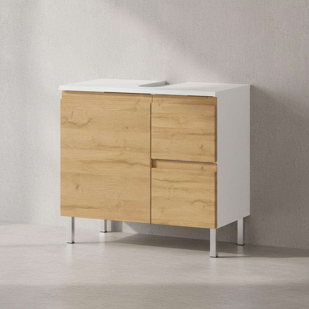 WASCHBECKENUNTERSCHRANK Weiß und Eiche Grandson 60x34x56 cm mit Chromfüßen VEER - Braun, Holz/Metall (60/56/34cm) - KADIMA DESIGN