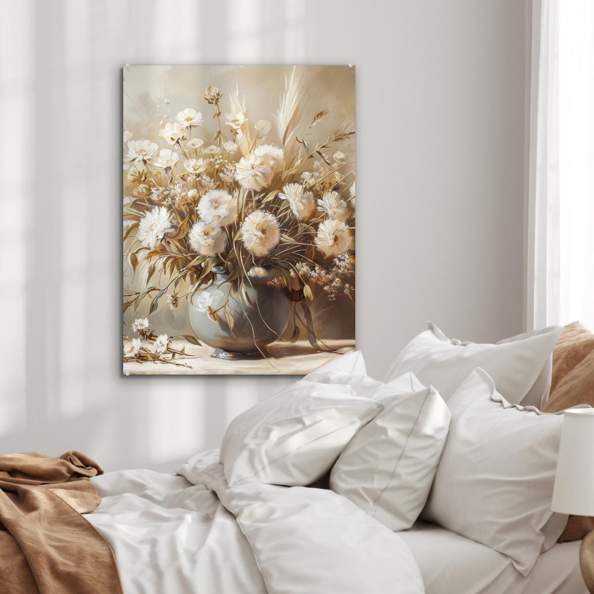 ACRYLGLASBILD Blumen - Vase - Stilleben - Beige 60x80 cm - Creme, Glas (60/80cm) - MuchoWow