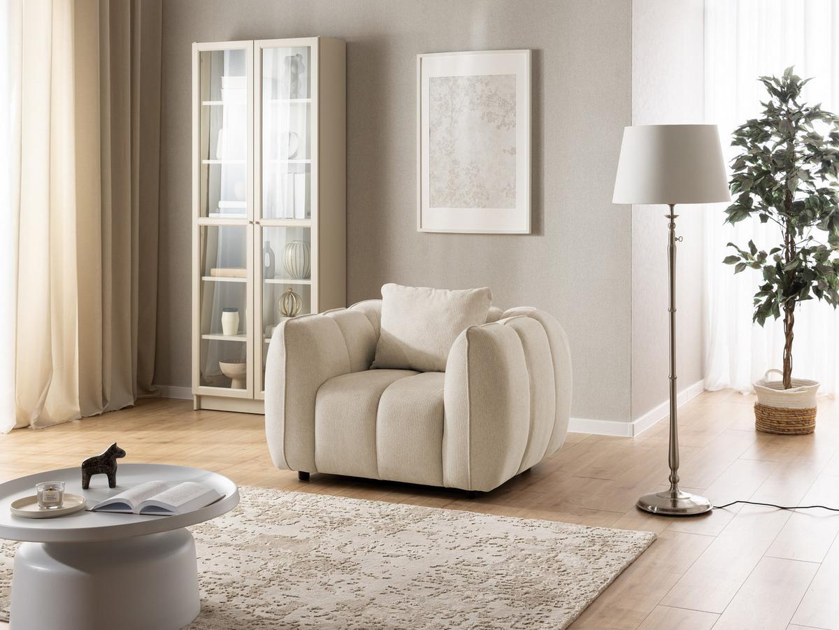SESSEL Nubira in tief gesteppter Bubble-Optik aus weichem Hellbeige Strukturstoff im modernen Design - Beige/Schwarz, Holz/Kunststoff (115/69/89cm) - S-Style Möbel