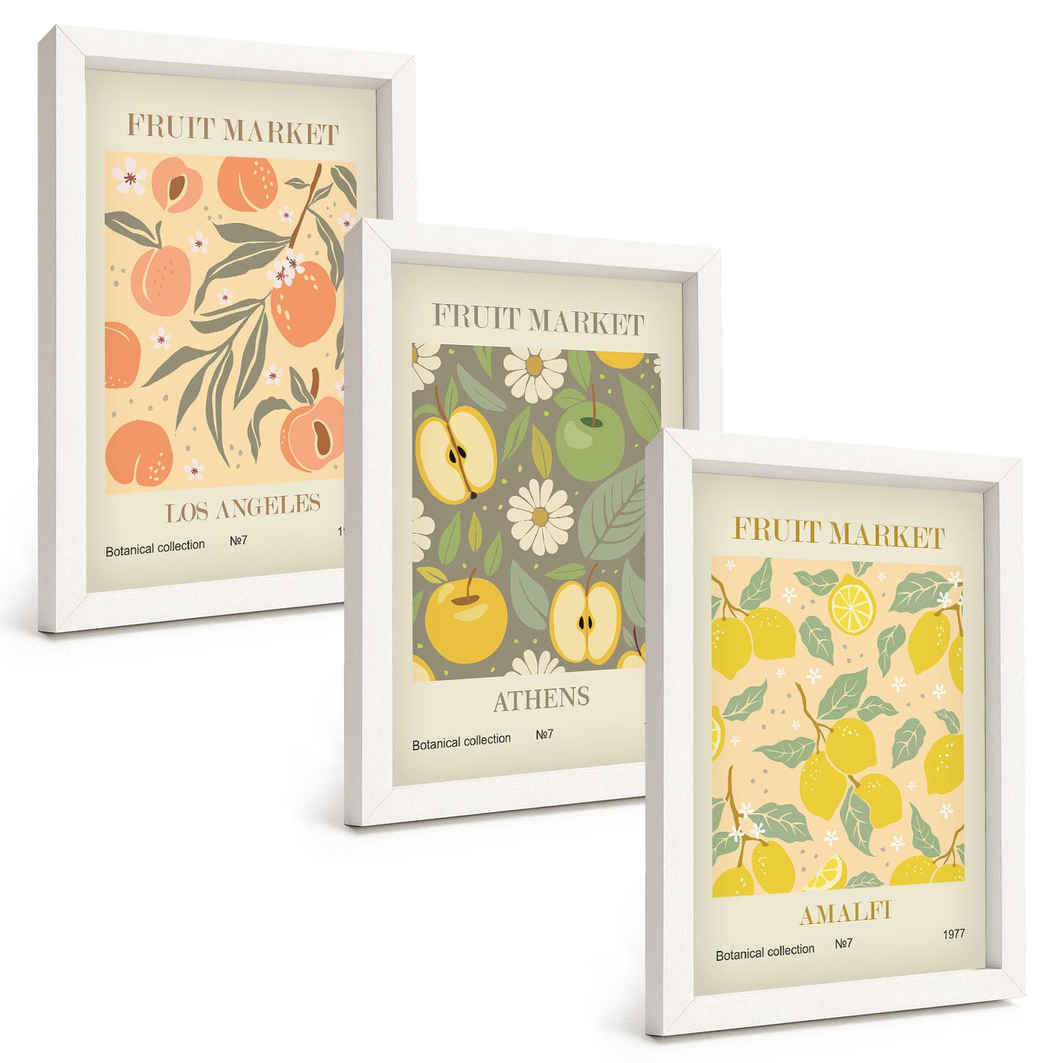 BILDER SET 3er Set - 20x30 cm Weißer Rahmen - Retro-Poster mit Fruchtmustern - Weiß, Kunststoff (20/30cm) - TULUP