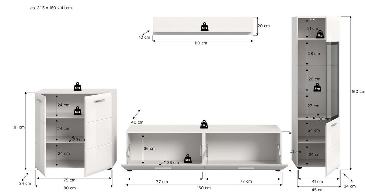 WOHNWAND weiß Hochglanz 4-teilig 315 cm, Schrankwand mit viel Stauraum - Weiß Hochglanz/Silberfarben, Glas/Holzwerkstoff (315/160/41cm) - Inn.Furn