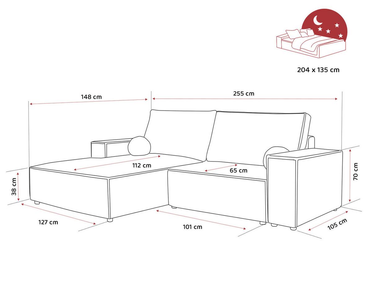 ECKSOFA HUGO Rechts, mit Schlaffunktion und Bettkasten, Creme - Creme, Textil (255/148cm) - Idohome