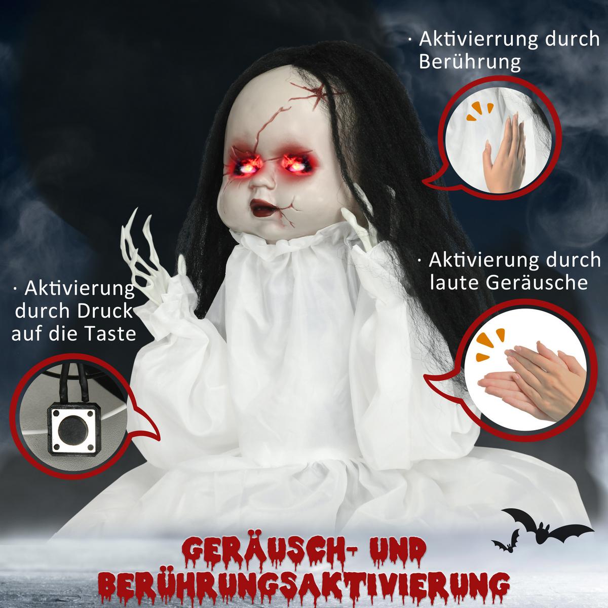 HALLOWEEN Dekoration 60cm Springende Mörderpuppe mit Rote Augen, Soundfunktion - Weiß, Kunststoff (15/60/60cm) - HOMCOM