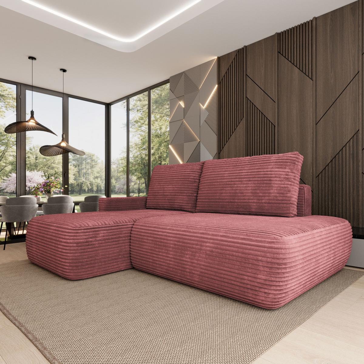 ECKSOFA AVINI T L-S Rosa Kordstoff mit Schlaffunktion - Rosa, Holzwerkstoff/Textil (277/160cm) - MASSENO