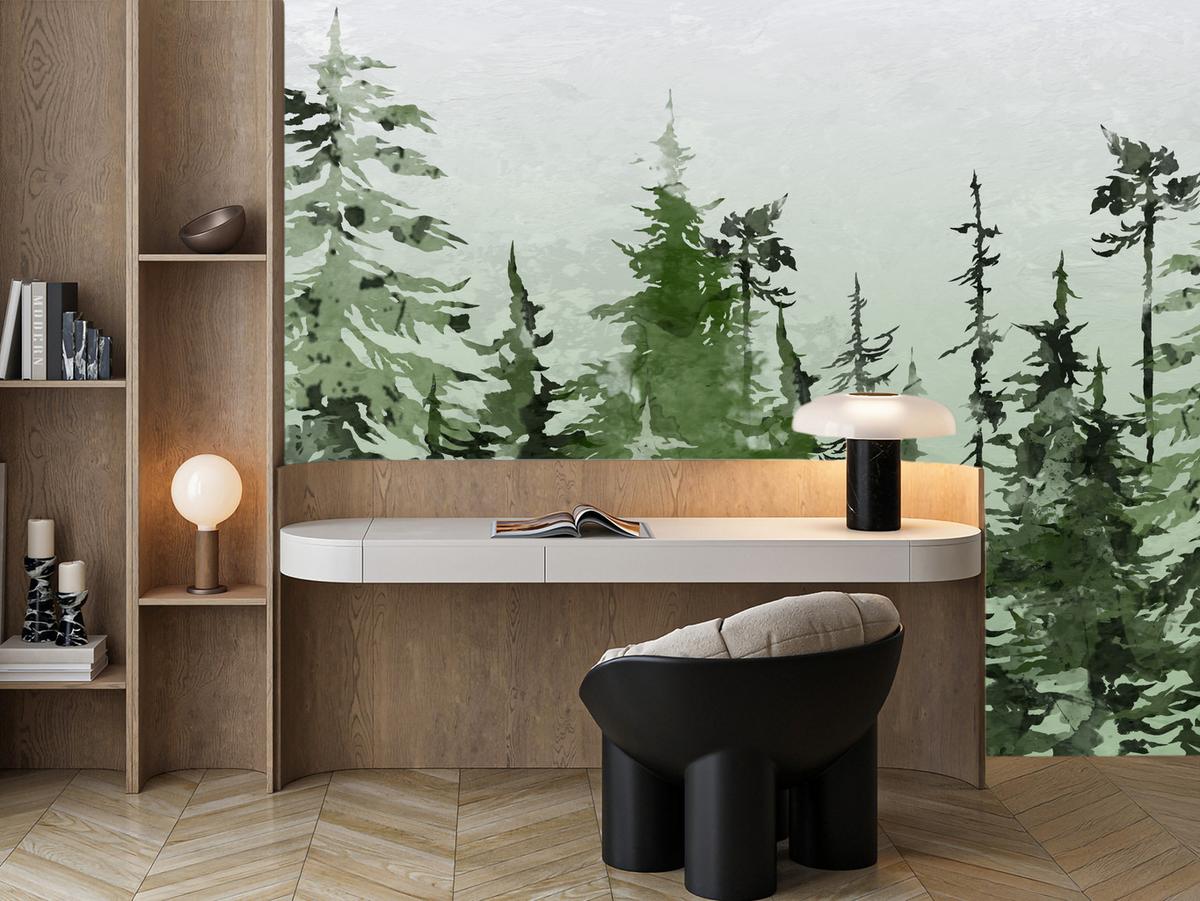 FOTOTAPETE für Schlafzimmer Grüner Nadelwald Aquarell Bäume Natur Landschaft 100x70 - Weiß/Grau, Papier (100/70cm) - Muralo