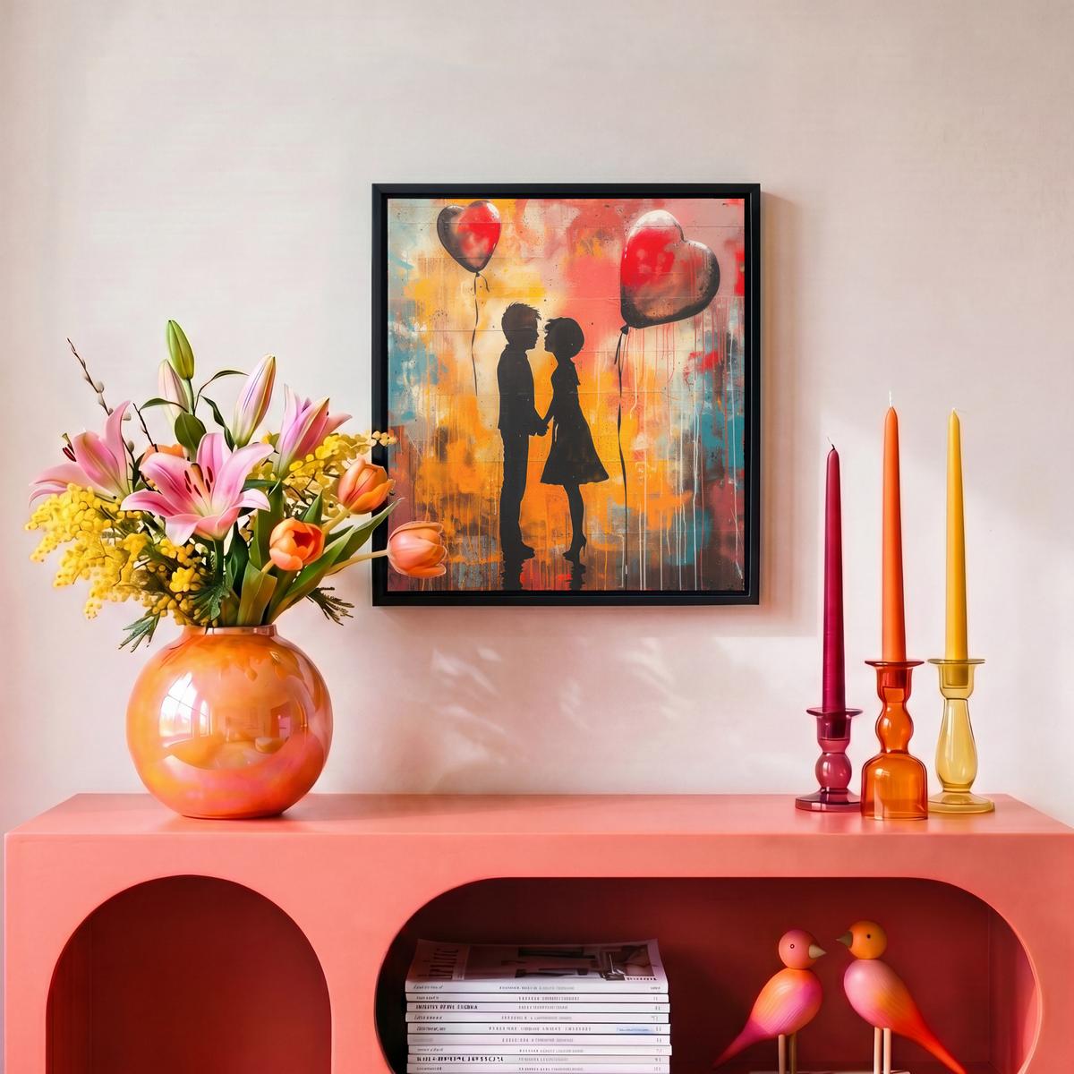 LEINWAND Bilder mit Rahmen - Straßenkunst - Liebe - Graffiti - Kunst - Banksy - 20x20 - Orange, Textil (20/20cm) - MuchoWow