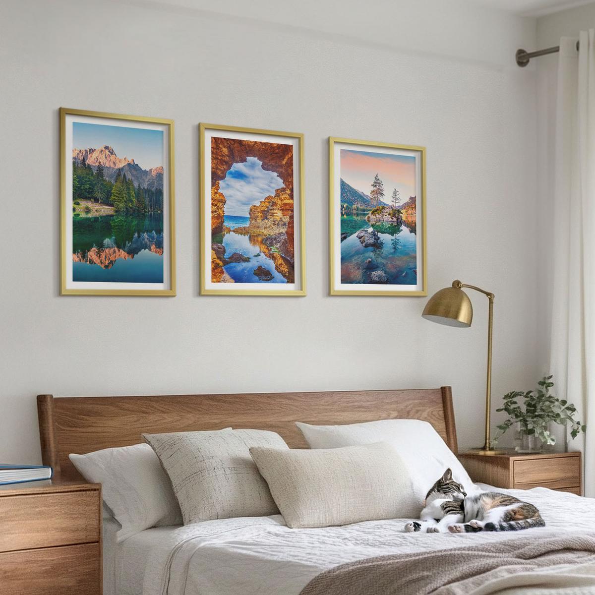 BILDER SET 3er Set - 40x60 cm Goldrahmen - Spiegelungen der Felsen in Bergseen - Goldfarben, Kunststoff (40/60cm) - TULUP