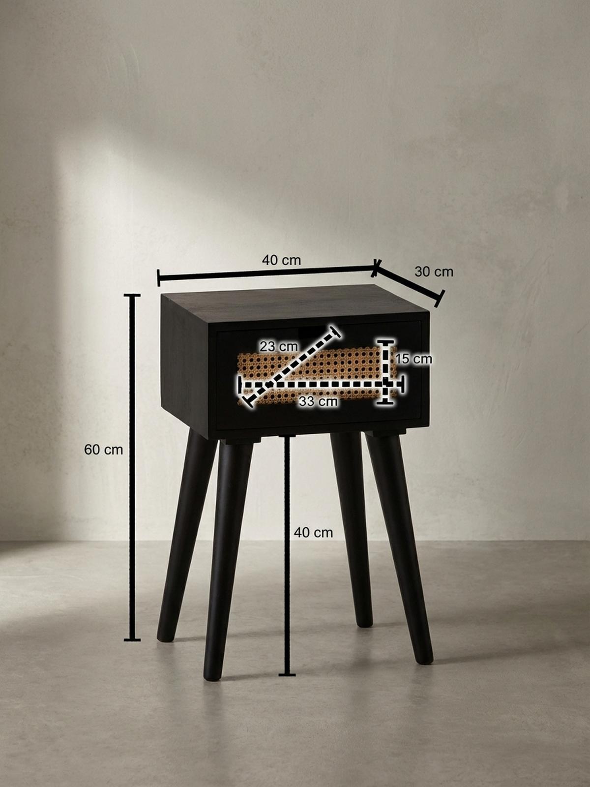 NACHTTISCH – Mango Massivholz/Rattan, 40x60x30 cm, Schwarz, 1 Schublade, Wiener Geflecht - Schwarz, Holz (40/60/30cm) - KADIMA DESIGN