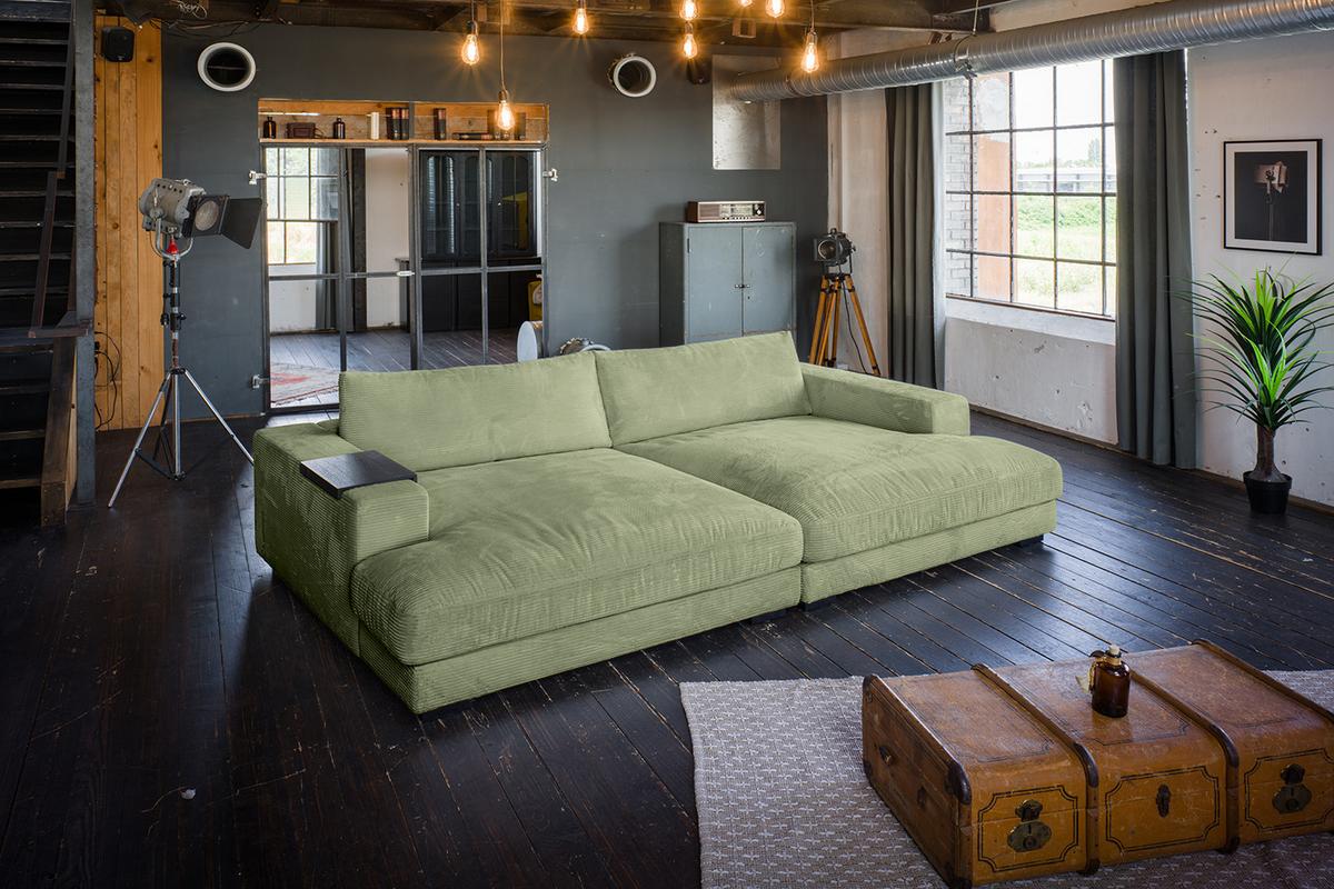 BIG SOFA MIT TABLETT MADELINE Grün Cord - Schwarz/Olivgrün, Kunststoff/Textil (290/85/170cm) - KAWOLA