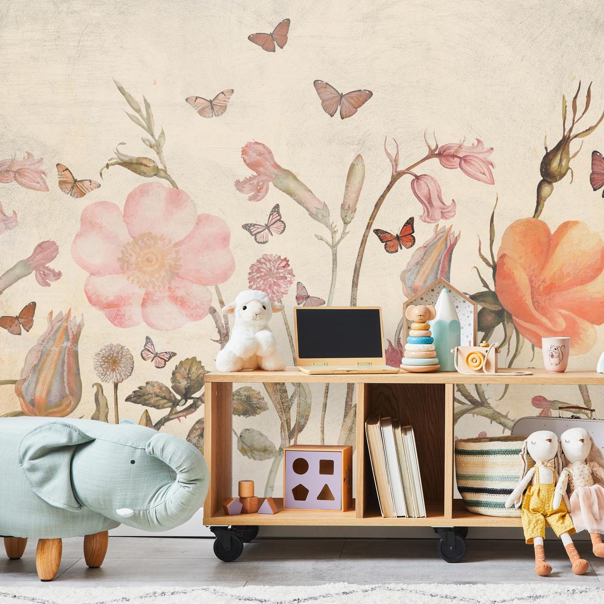 FOTOTAPETE für Kinderzimmer Wiesenblumen Aquarell Schmetterlinge Boho 450x315 - Beige/Rot, Papier (450/315cm) - Muralo