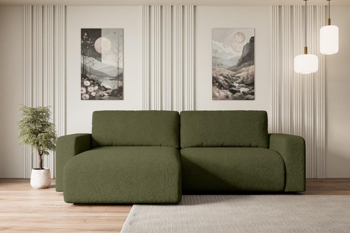 ECKSOFA mit Schlaffunktion und Bettkasten KLEEA-L - 247x143x83 cm Grün Bouclé - Schwarz/Grün, Holzwerkstoff/Kunststoff (247/143cm) - ALTDECOR
