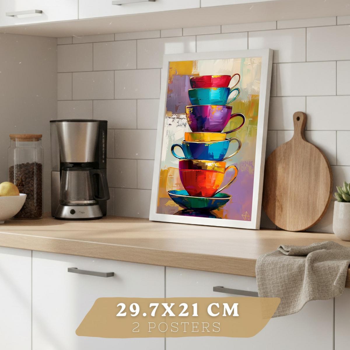 POSTER 2er Set Küchen-Wandbilder Kaffeetassen und Espressomaschine Pop Art Bunt Esszimmer Wanddeko Rahmenlos A4 - Weiß, Papier (29.7/1/21cm) - Nacnic