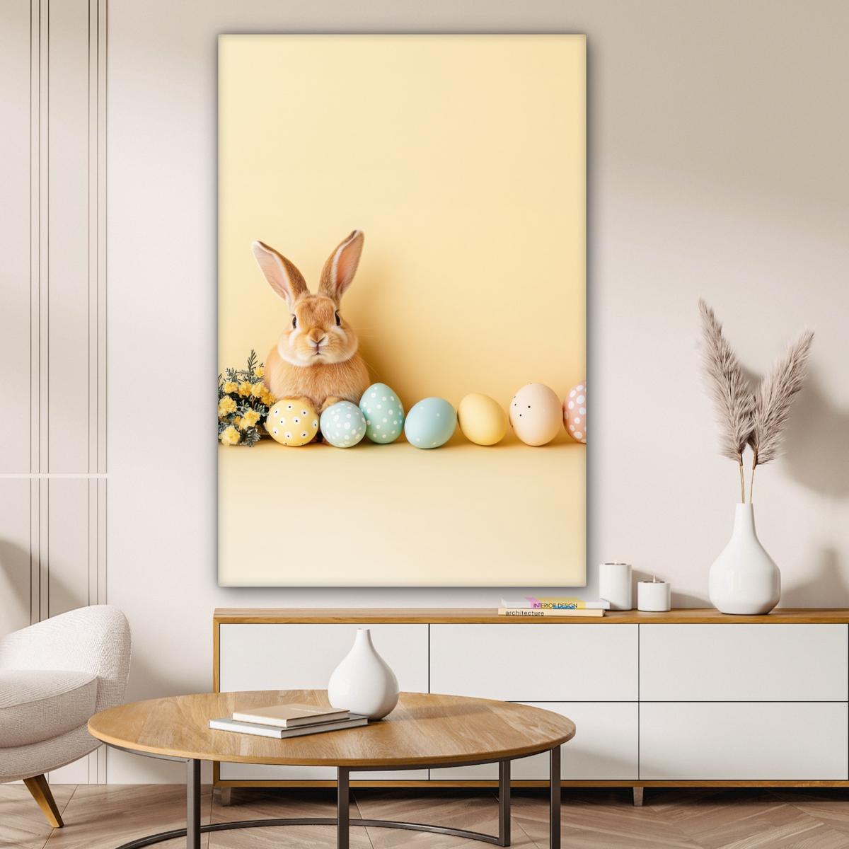 LEINWANDBILD Eier - Kaninchen - Pastellfarbtöne Deko XXL 80x120 cm - Hellgelb, Textil (80/120cm) - MuchoWow