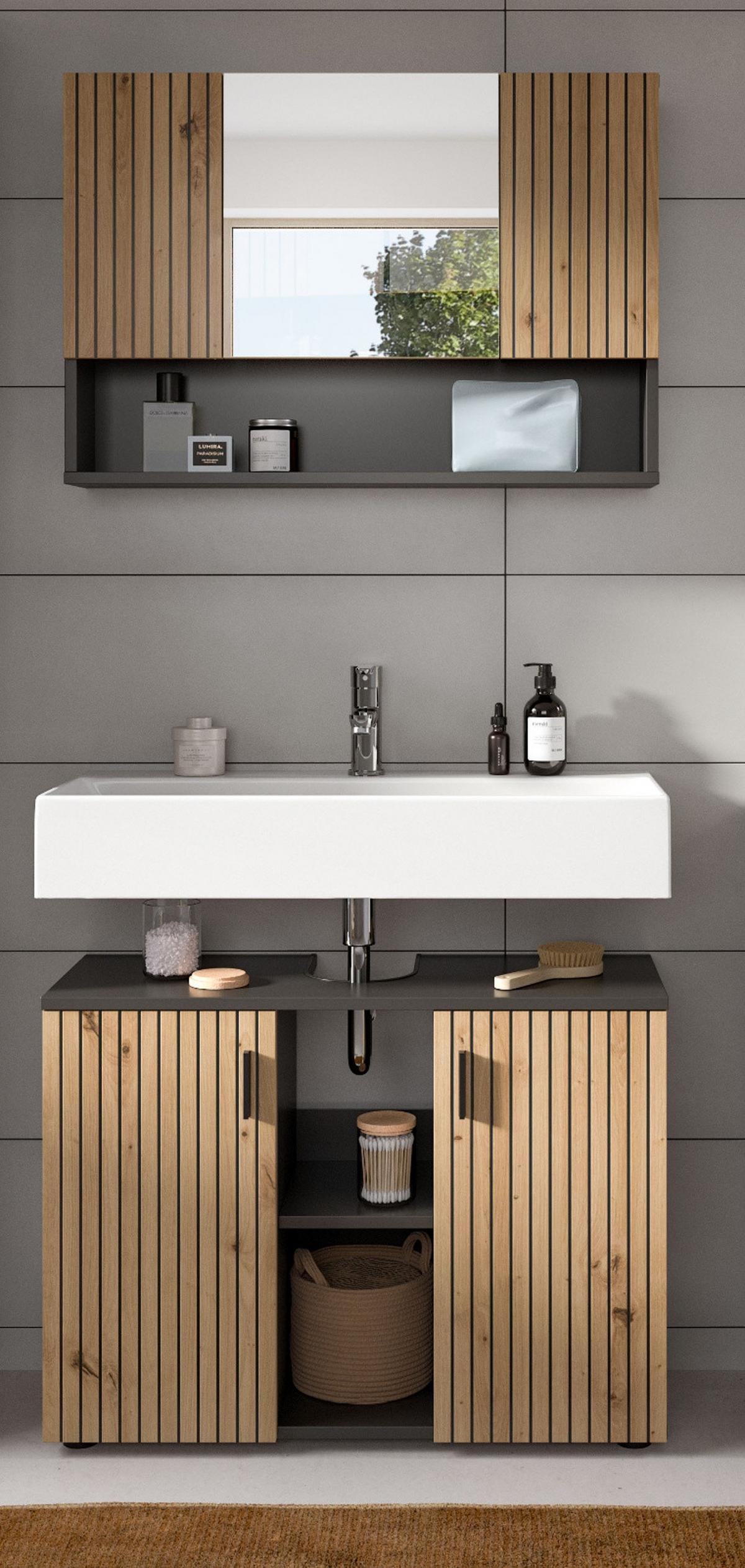 BADMÖBEL-SET Eiche Artisan, grau 2-teilig 80 cm, Badkombination mit Rillen-Optik - Schwarz/Eiche Artisan, Glas/Holzwerkstoff (80/180/30cm) - Inn.Furn