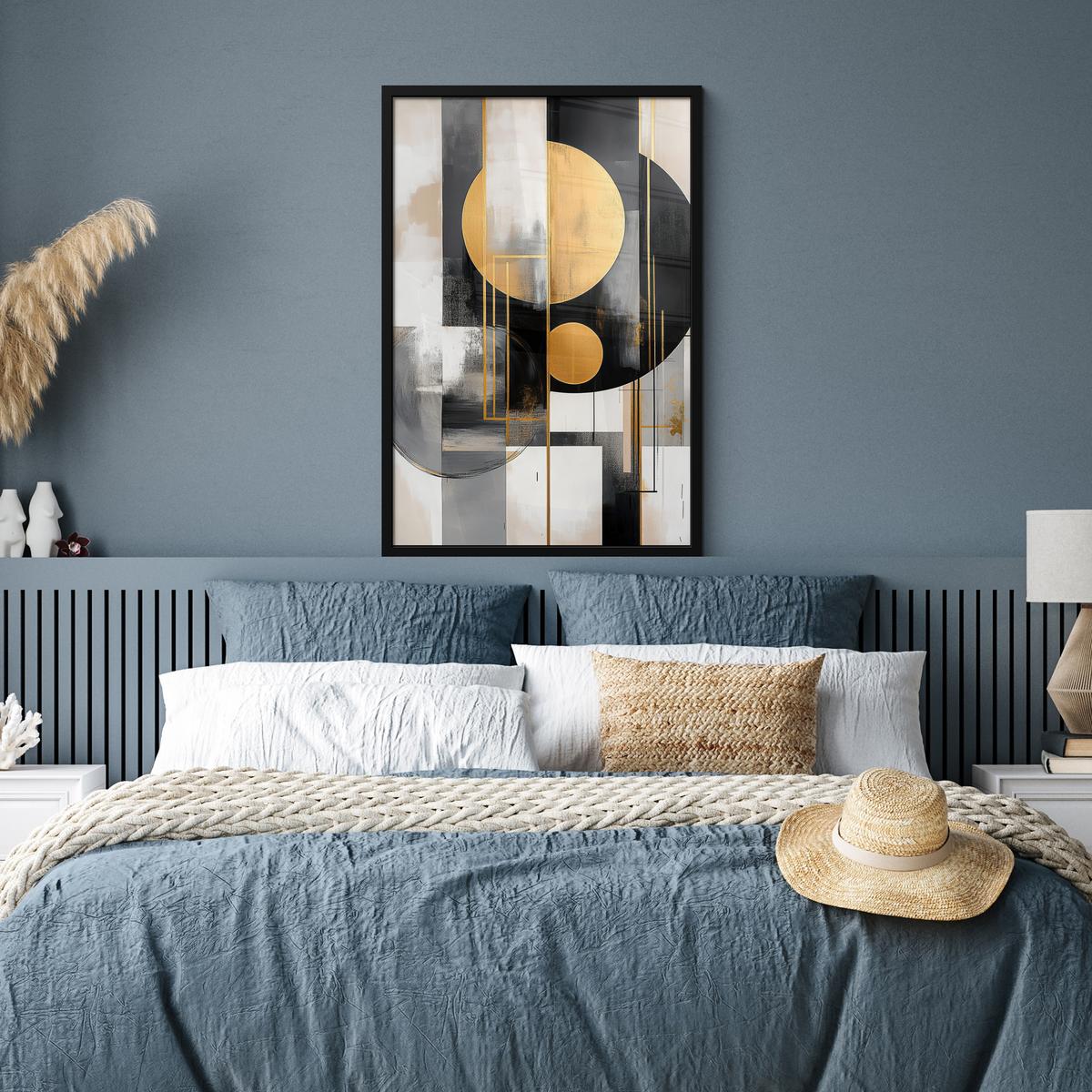 POSTER MIT RAHMENGERAHMTES BILD Abstrakt - Gold - Silber - Formen - Ästhetisch - Modern 60x90 cm - Goldfarben, Papier (60/90cm) - MuchoWow