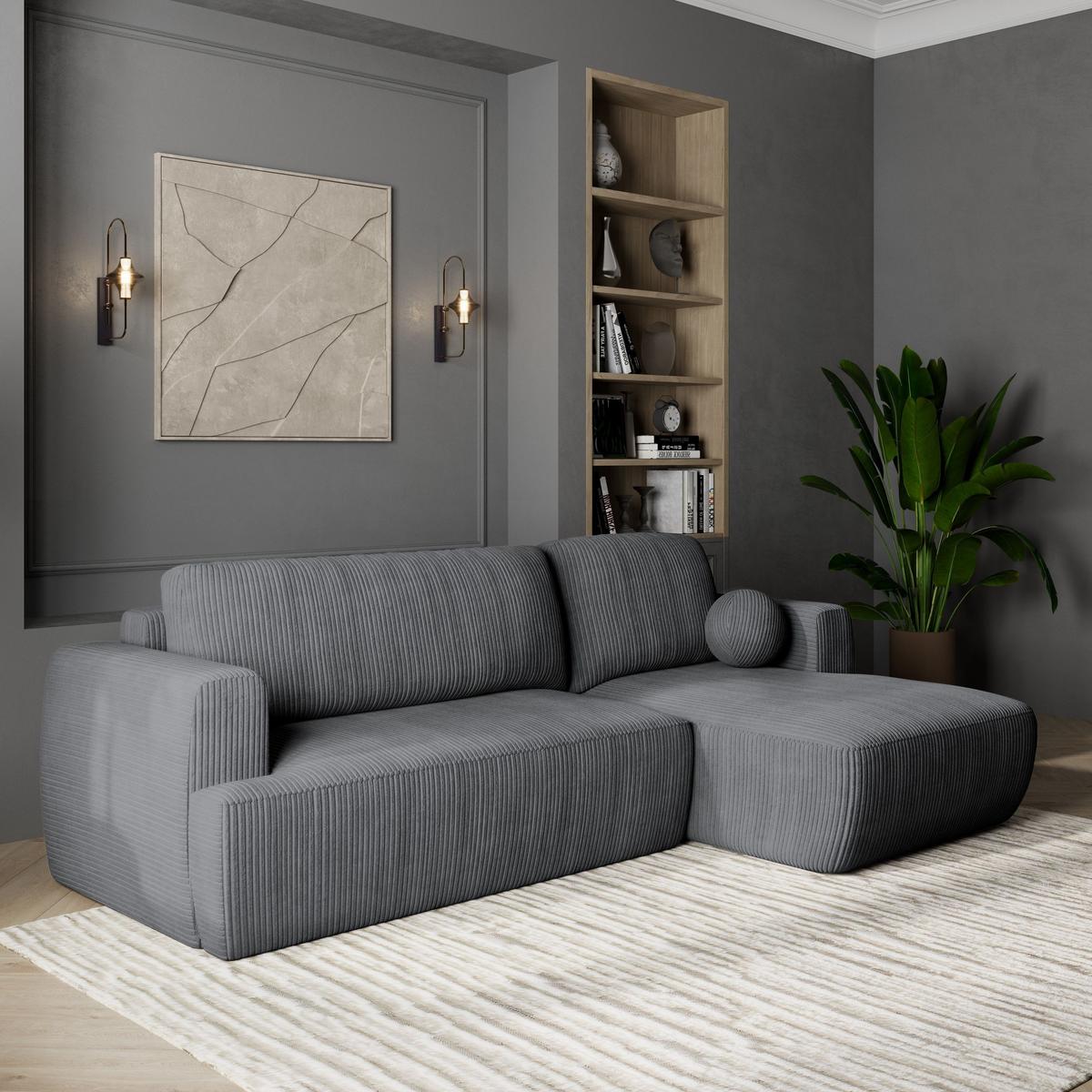 ECKSOFA SENTI P R-S Grau Kordstoff mit Schlaffunktion - Schwarz/Grau, Holz/Kunststoff (246/148cm) - MASSENO