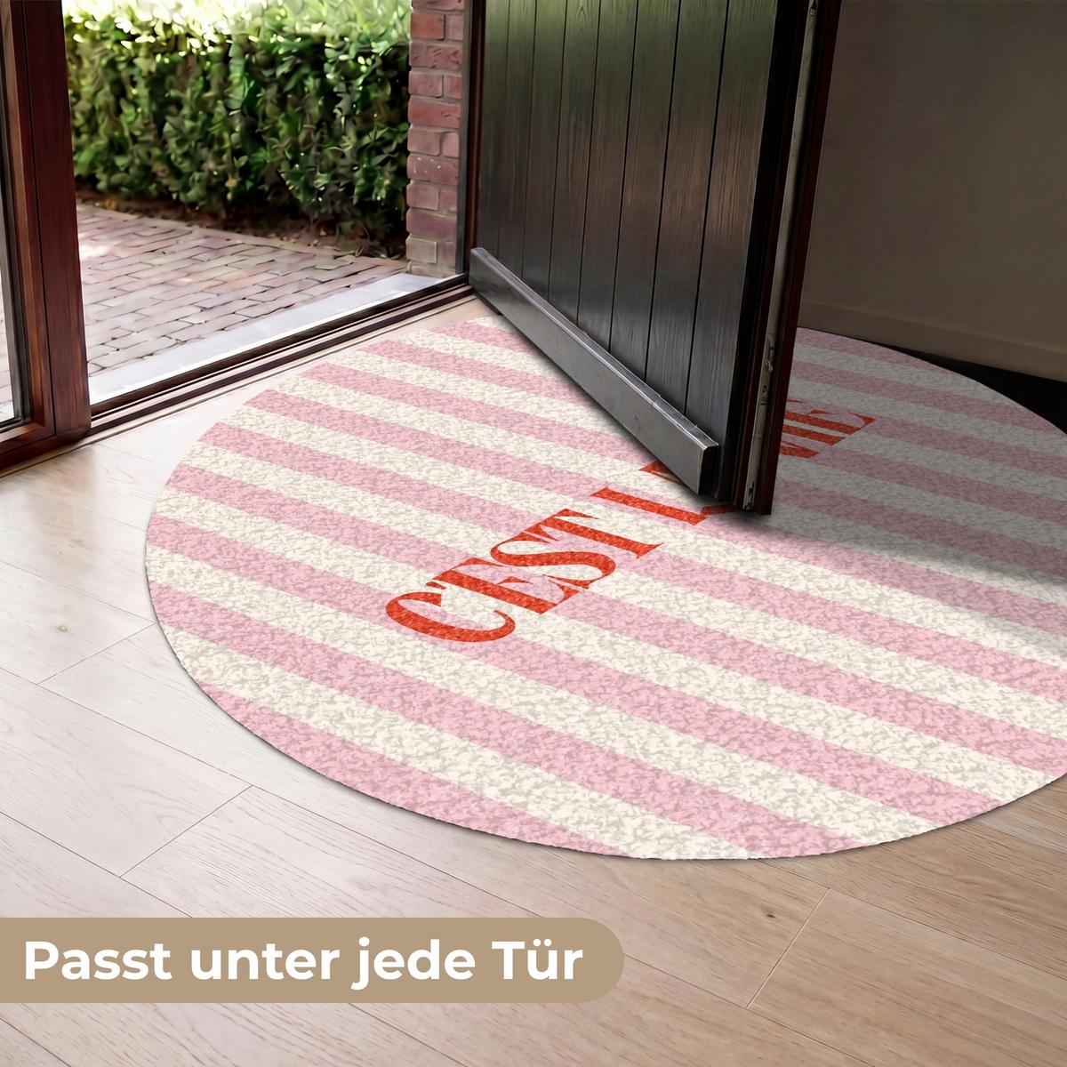 FUSSMATTE Zartrosa – Rot – Streifen – C'est La Vie 120x120 cm - Rosa, Kunststoff (120/0.4cm) - MuchoWow