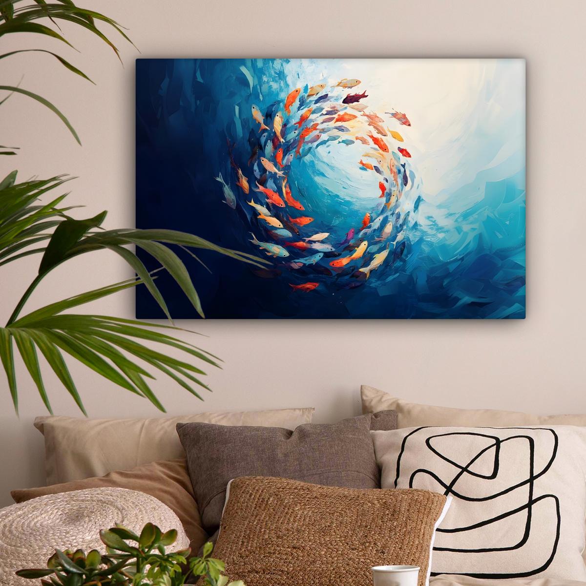 LEINWANDBILD Meer - Fische - Bunt - Dynamisch Wanddeko 90x60 cm - Hellblau, Textil (90/60cm) - MuchoWow