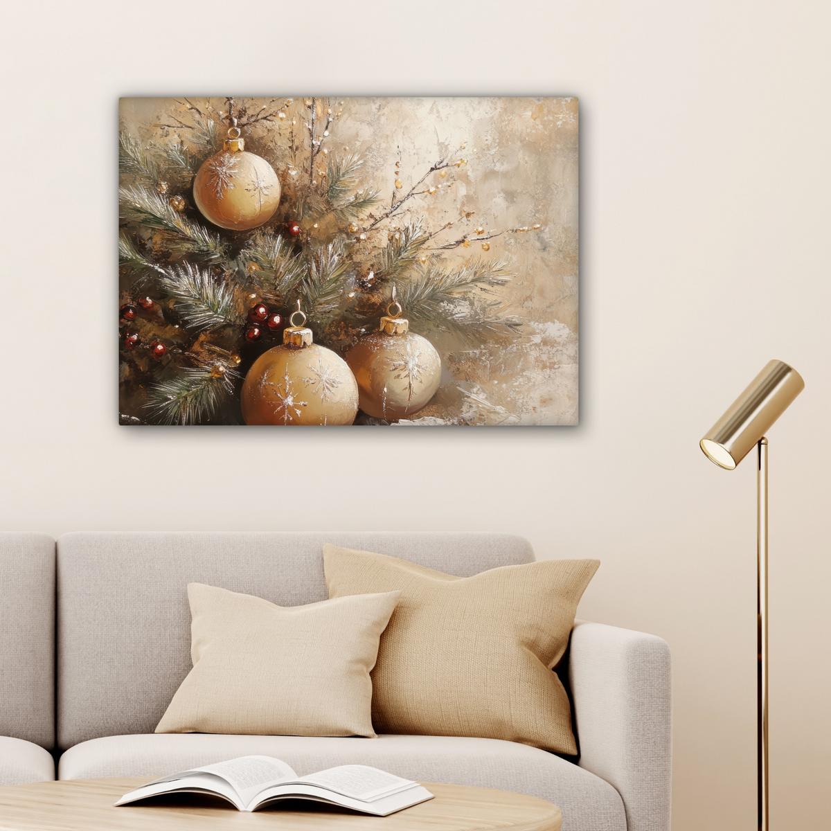 LEINWANDBILD Weihnachten - Kugeln - Beige - Gold Wandbilder 80x60 cm - Goldfarben, Textil (80/60cm) - MuchoWow