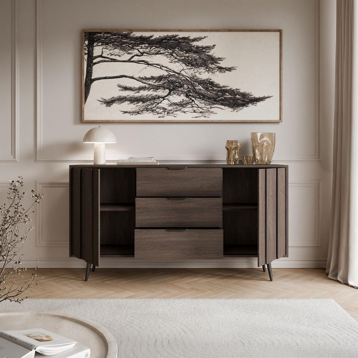 KOMMODE ALMA 2D3S mit LED-Beleuchtung - Eichefarben/Schwarz, Holzwerkstoff (183/88/40cm) - Lookway