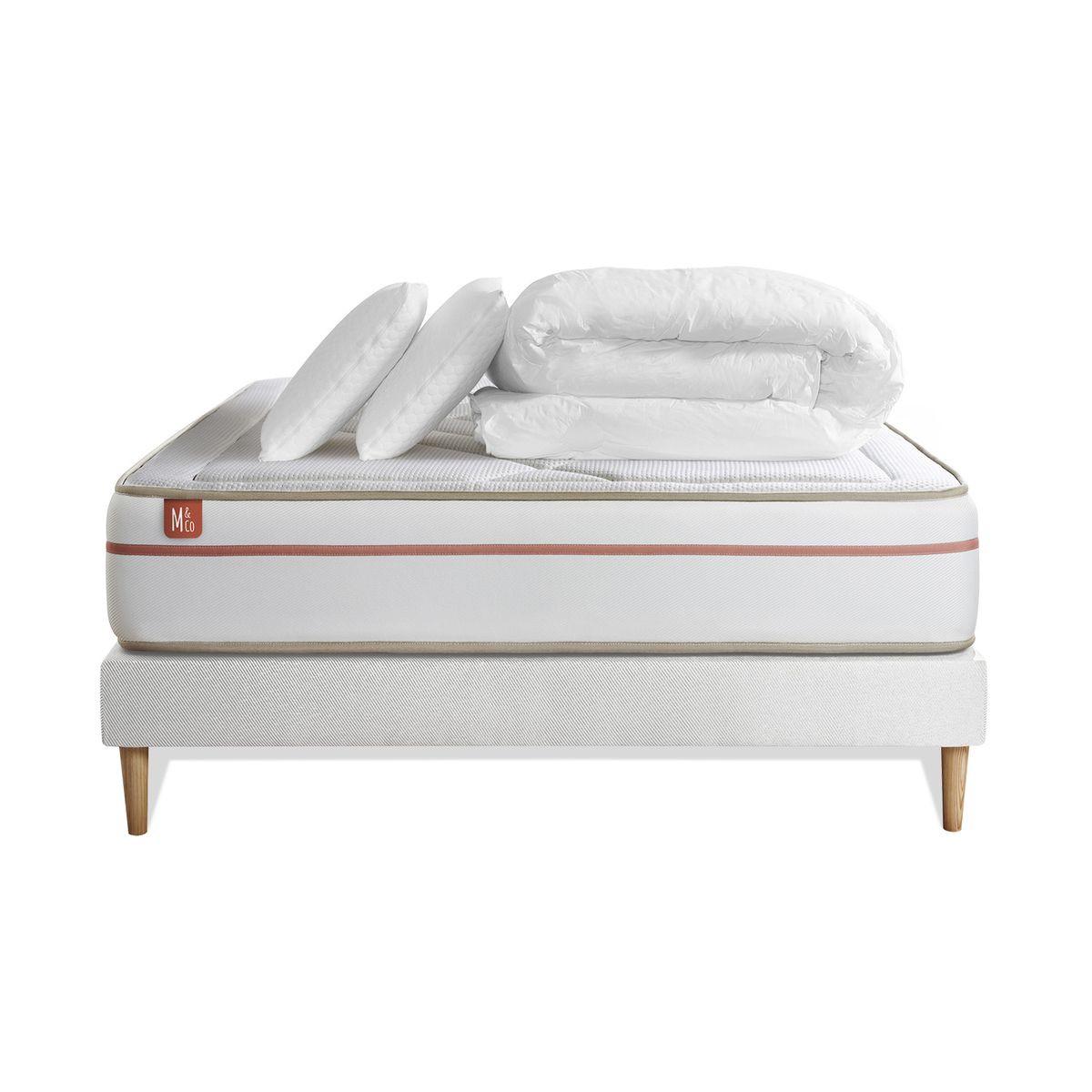 BETT Le Paisible Memory-Schaum 140 x 200 cm h1 - Kit Bettgestell Weiß - Mit Kissen und Bettdecke - Beige/Weiß, Karton/Holz (140/200cm) - Marmottes & Co