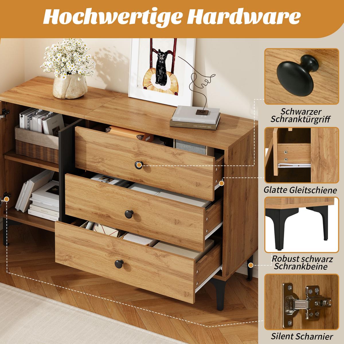 SIDEBOARD 120 cm Naturholz & Schwarz mit Tür, 3 Schubladen & Metallbeinen im skandinavischen Stil - Naturfarben, Holzwerkstoff (120/76/35cm) - Urban Meuble