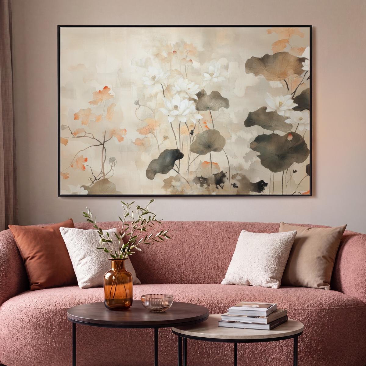 LEINWAND Bilder mit Rahmen - Blumen - Japandi - Wabi sabi - 120x80 - Sandfarben, Textil (120/80cm) - MuchoWow