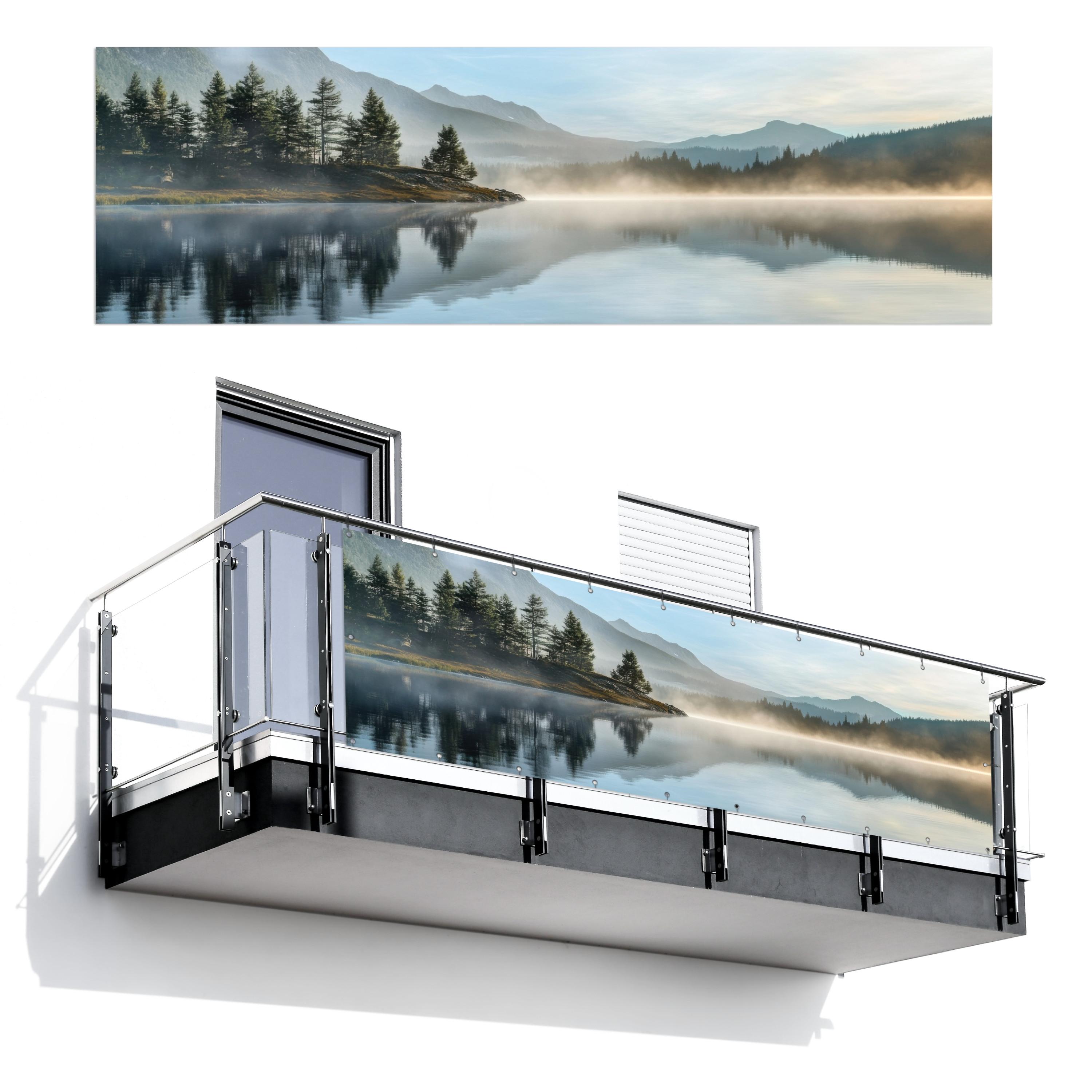 BALKON-SICHTSCHUTZ See - Nebel - Berge - Landschaft Windschutz 300x95 cm - Hellblau, Kunststoff (300/95cm) - MuchoWow