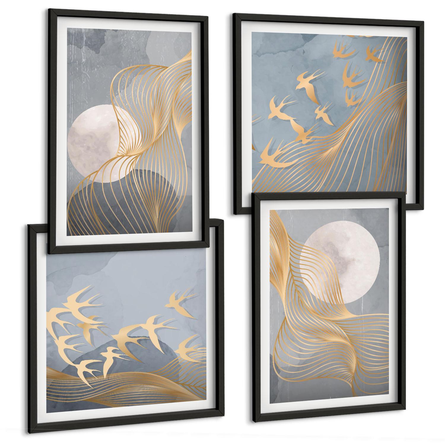 BILDER SET 4er Set - 50x50 cm & 40x60 cm Schwarzer Rahmen - Abstrakte Wellenkreise, grau - Schwarz, Kunststoff (50/50cm) - TULUP