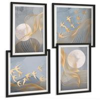 BILDER SET 4er Set - 50x50 cm & 40x60 cm Schwarzer Rahmen - Abstrakte Wellenkreise, grau - Schwarz, Kunststoff (50/50cm) - TULUP