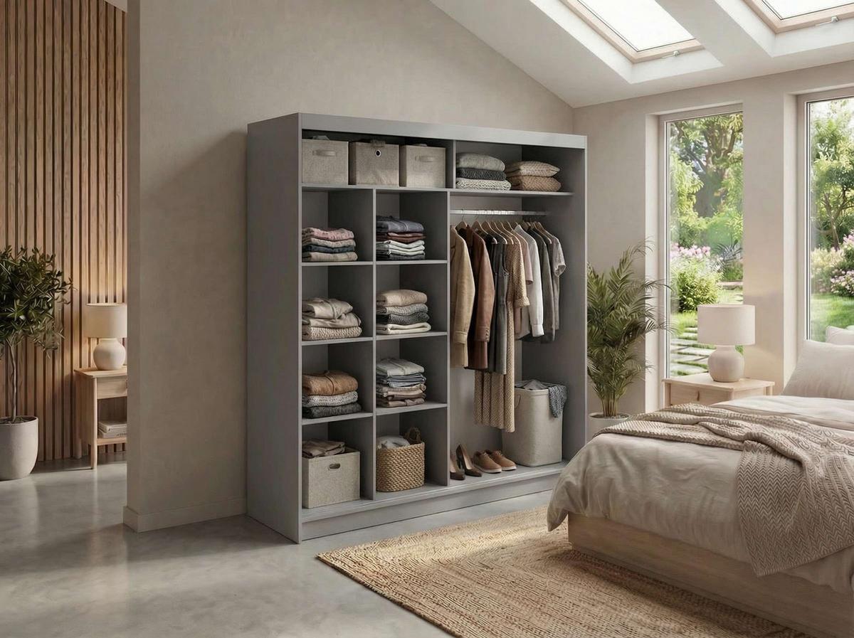 SCHWEBETÜRENSCHRANK mit Spiegel - WALENCJA - 200 - Grau lacobel - Alufarben/Grau, Holzwerkstoff/Metall (200/216/61cm) - MKS