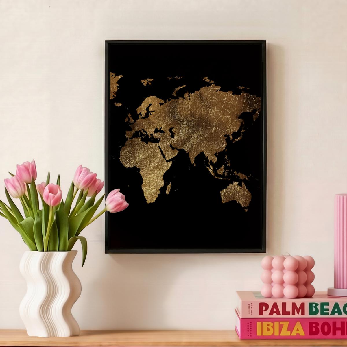 LEINWAND Bilder mit Rahmen - Weltkarte - Gold - Luxus - Erde - Schwarz - 30x40 - Goldfarben, Textil (30/40cm) - MuchoWow