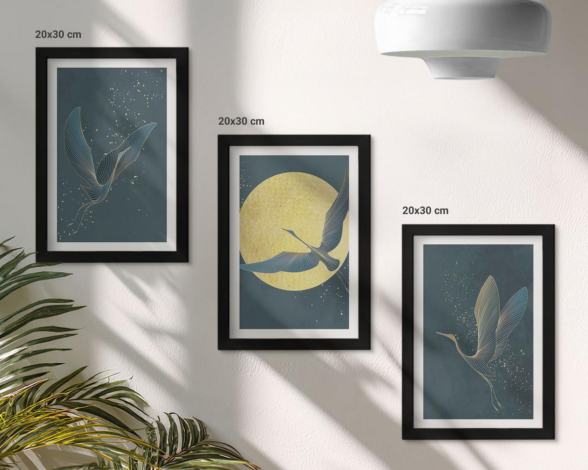 BILDER SET 3er Set - 20x30 cm Schwarzer Rahmen - Kraniche im Flug bei Nacht - Schwarz, Kunststoff (20/30cm) - TULUP