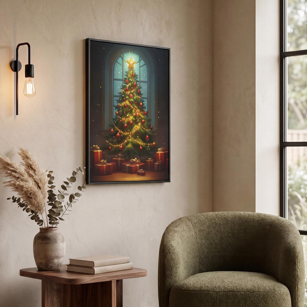 LEINWAND Bilder mit Rahmen - Weihnachtsbaum - Geschenk - Winter - 50x70 - Grün, Textil (50/70cm) - MuchoWow