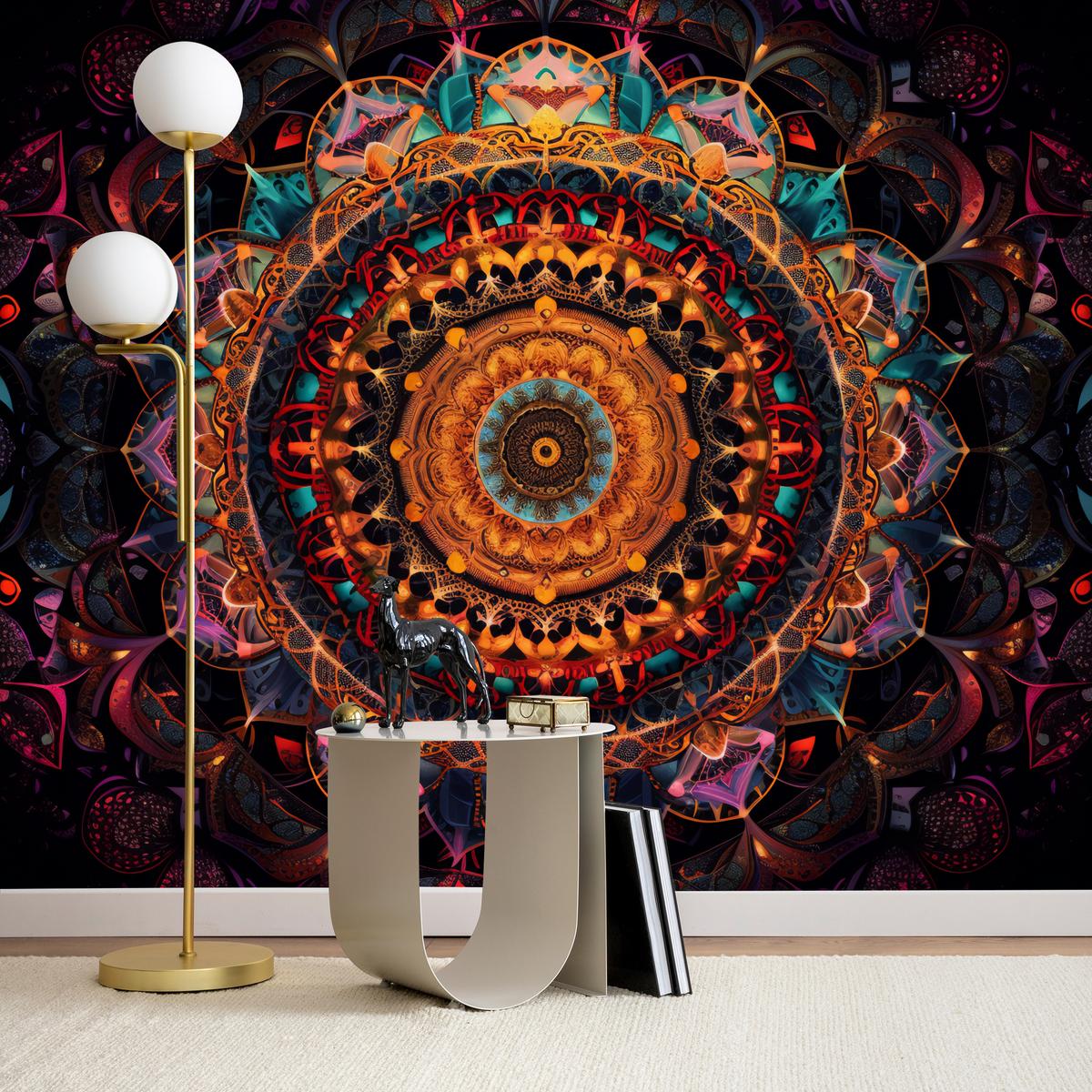 FOTOTAPETE für Schlafzimmer Bunte Mandala Vintage Orientalisch Harmonisch 500x350 - Gelb/Rot, Papier (500/350cm) - Muralo
