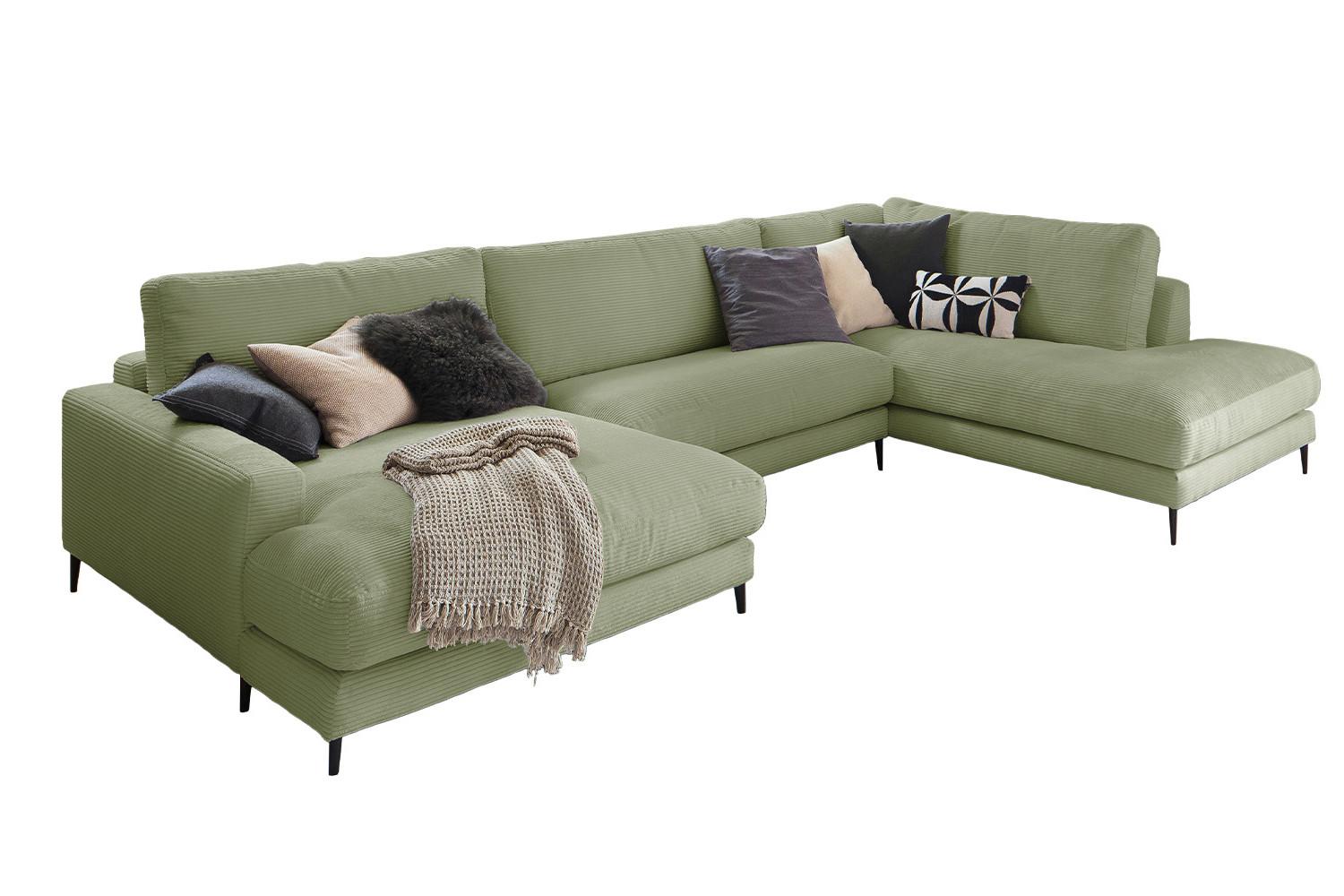 WOHNLANDSCHAFT CARA Grün Cord - Schwarz/Olivgrün, Textil (341/84/223cm) - KAWOLA