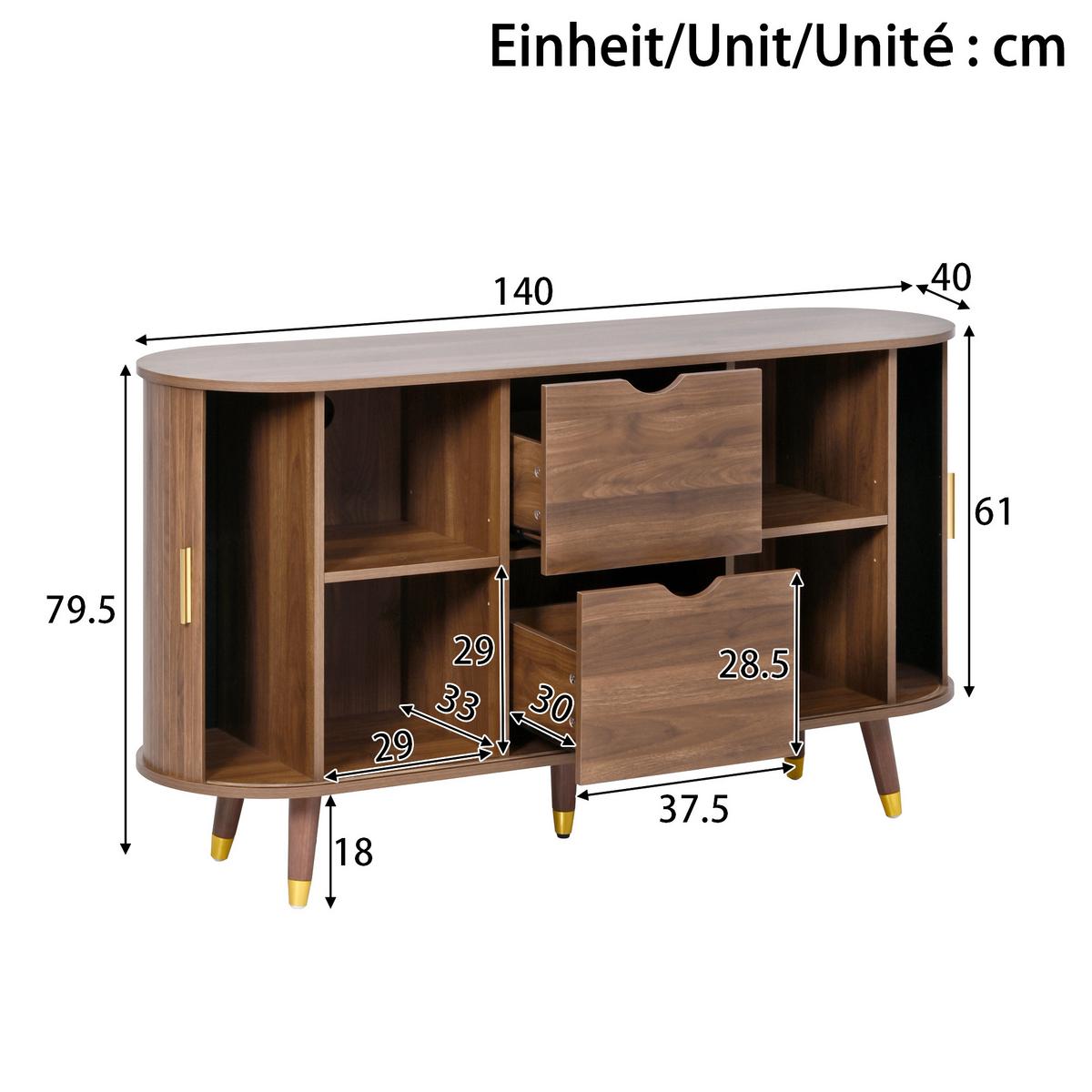 SIDEBOARD walnuss rund 140cm schiebetüren schubladen - Walnussfarben, Holzwerkstoff (140/79.5/40cm) - Urban Meuble