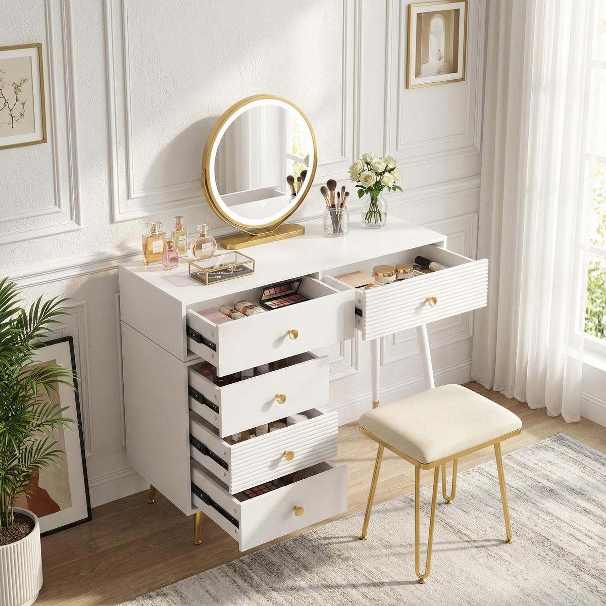 SCHMINKTISCH in Weiß mit LED-Touch-Spiegel & flexiblem Seitenschrank - Weiß, Holzwerkstoff (100/78/40cm) - Urban Meuble