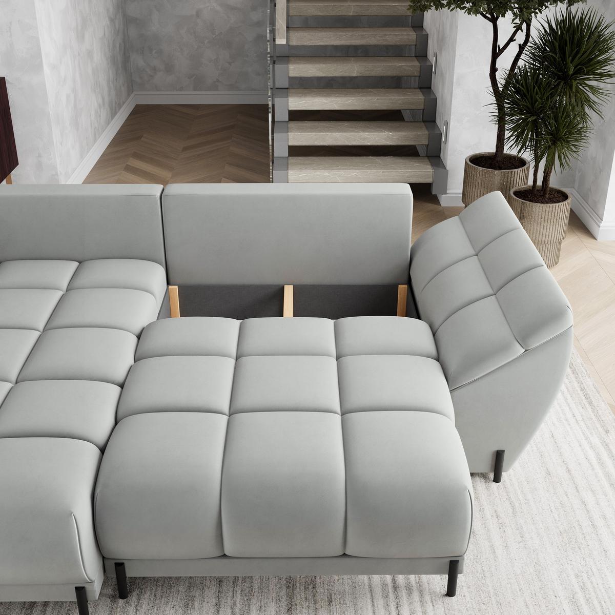 ECKSOFA VESTANO L-S Hellgrau Velours-Stoff mit Schlaffunktion - Hellgrau, Holz (287/182cm) - MASSENO
