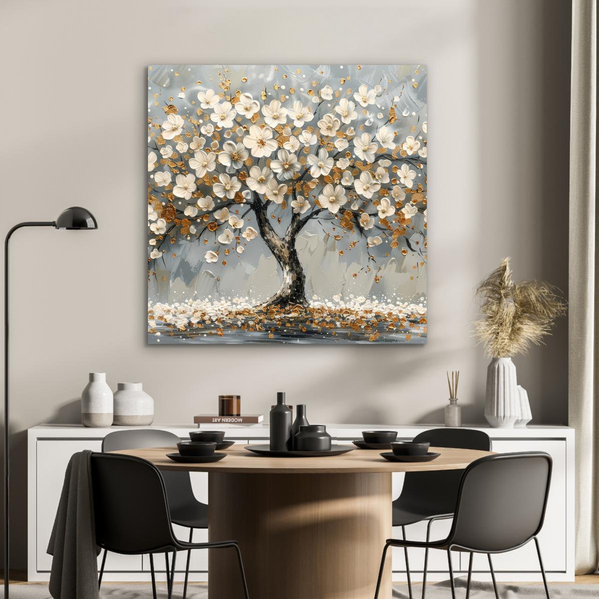 METALLBILD Baum - Blumen - Weiß - Natur - Kunst 90x90 cm - Weiß, Metall (90/90cm) - MuchoWow