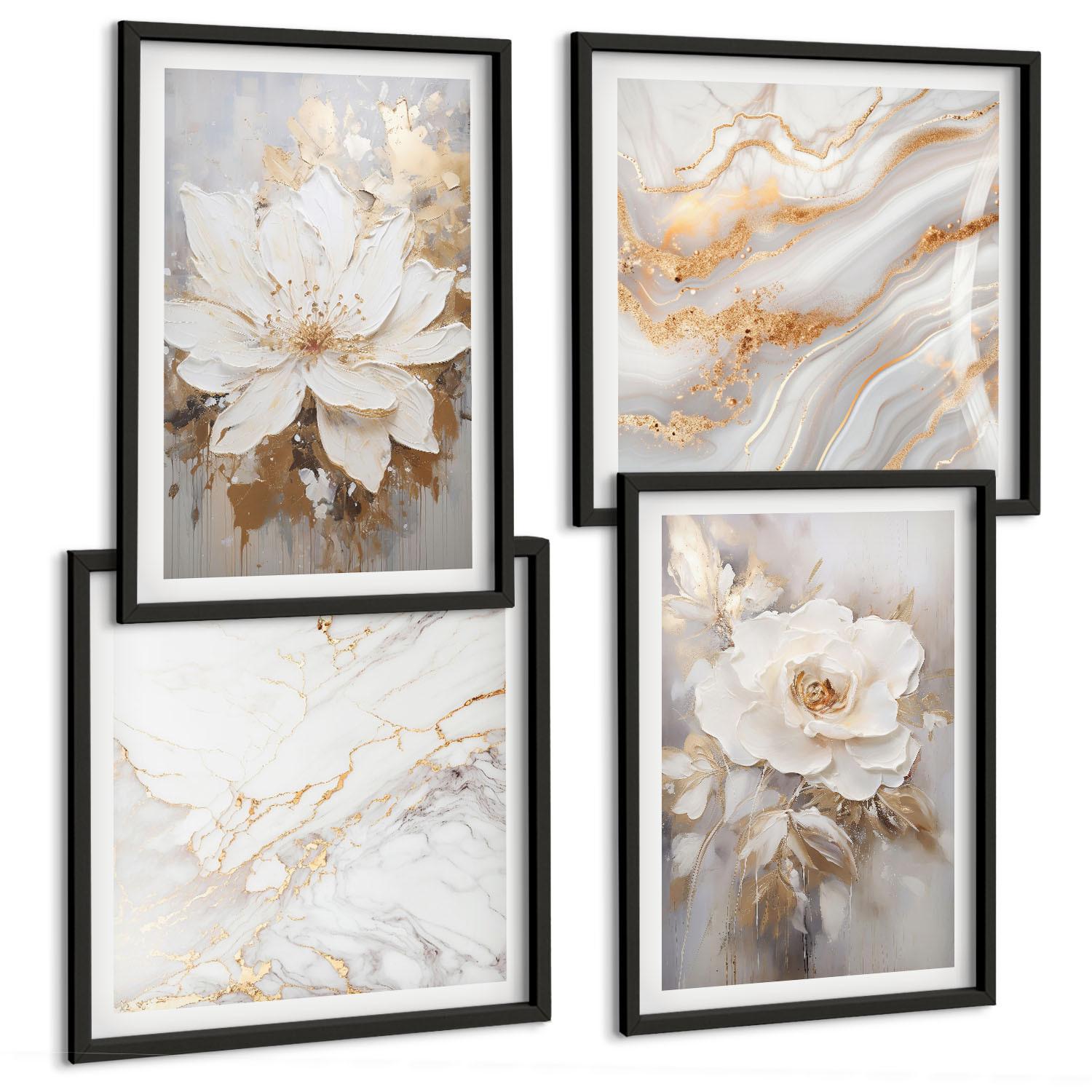 BILDER SET 4er Set - 50x50 cm & 40x60 cm Schwarzer Rahmen - Blumen, heller Hintergrund, Marmormuster - Schwarz, Kunststoff (50/50cm) - TULUP
